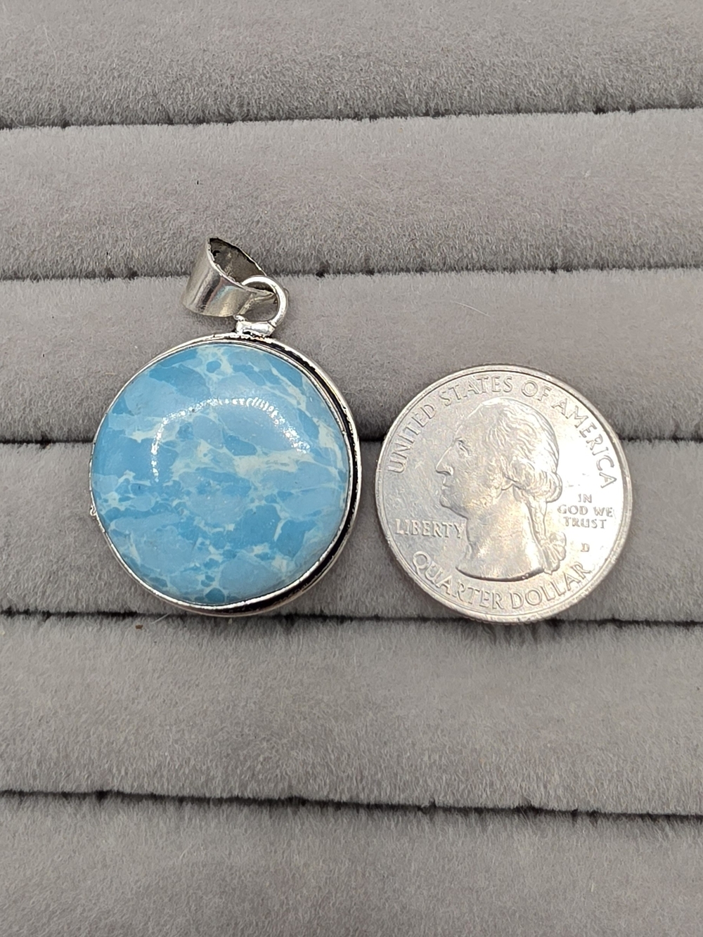 Silver Plated Blue Copper Turquoise Round Stone Pendant Necklace - Women Jewelry